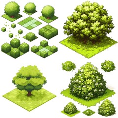 Pixel Tree Set Bush Shrub Collection Plant Isolated Retro 8bit 16bit Pixelated Nature Video Game Asset