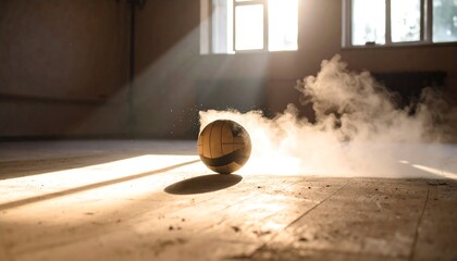 Volleyball on Wooden Floor with Smoke and Sunbeams