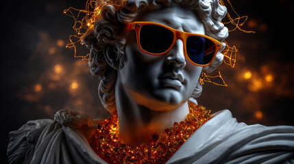Cool Marble Bust With Orange Sunglasses, Golden Glitter Necklace, and Glowing Fairy Lights on Dark Background