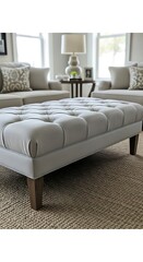 Light Gray Tufted Ottoman with Wooden Legs.