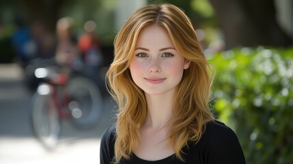 Obraz premium A young woman with blonde hair and freckles smiles gently, wearing a black shirt. Background shows a blurred bicycle and green foliage, suggesting a park setting