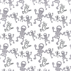 A black and white Halloween themed pattern of skeletons. The skeletons are in various poses and sizes, and some are even holding hands. Scene is spooky and playful