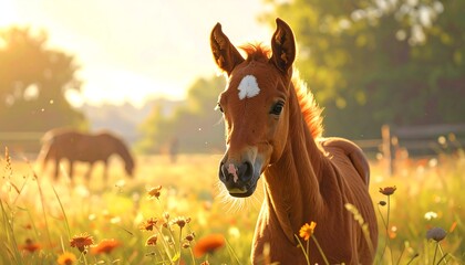 A captivating foal stands in a sunlit meadow, showcasing a warm, golden hue.
