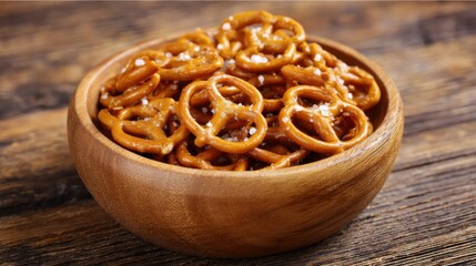 A wooden bowl filled with crunchy, salty pretzels is placed on a rustic wooden table during a casual gathering, inviting guests to enjoy a tasty snack.