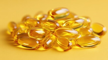A vibrant arrangement of yellow gel capsules is showcased on a bright yellow background. These capsules are often used for dietary supplements and health benefits.