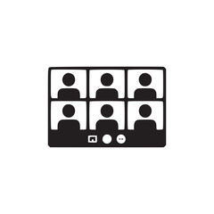 Vector art of a video conference screen displaying six participants in a grid layout, this icon represents online meetings, virtual communication, and remote collaboration in a digital setting