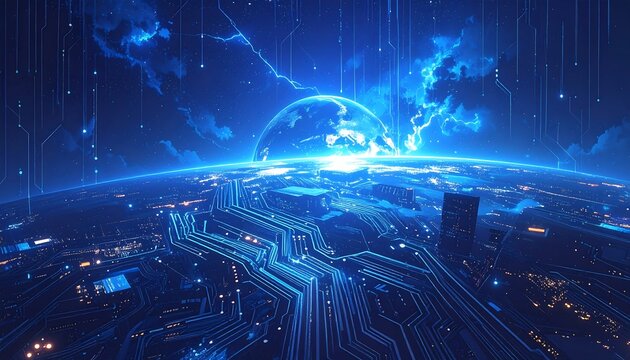 A futuristic cityscape, overlaid with glowing circuits and illuminated by a vibrant night sky above the Earth.