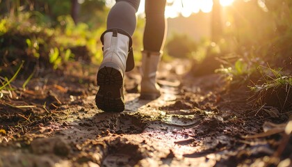 Walking Through Muddy Path Boots on Trail Outdoors in Sunlight