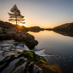 Serene Sunrise Over Mountain Lake.