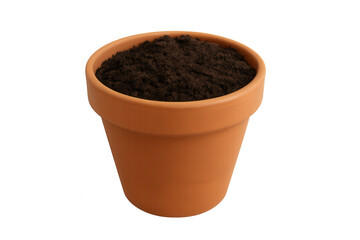 Terracotta plant pot filled with fresh potting soil, ready for gardening and planting seedlings on transparent background