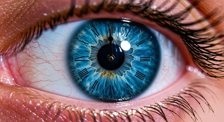 Close up of an eye featuring a clock face time concept