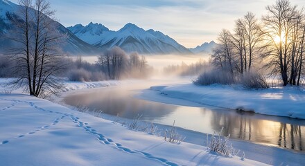 Winter Mountain River Landscape.