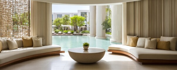Fototapeta premium A tranquil spa lounge area boasts curved seating and a view of a serene pool, bathed in natural light.