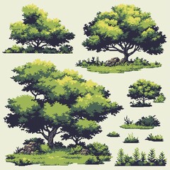 Pixel Tree Set Bush Shrub Collection Plant Isolated Retro 8bit 16bit Pixelated Nature Video Game Asset