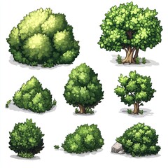 Pixel Tree Set Bush Shrub Collection Plant Isolated Retro 8bit 16bit Pixelated Nature Video Game Asset