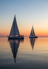 Two Sailboats on Calm Water at Sunset.