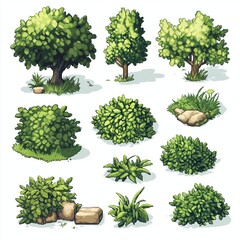 Pixel Tree Set Bush Shrub Collection Plant Isolated Retro 8bit 16bit Pixelated Nature Video Game Asset