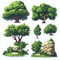 Pixel Tree Set Bush Shrub Collection Plant Isolated Retro 8bit 16bit Pixelated Nature Video Game Asset