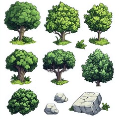 Pixel Tree Set Bush Shrub Collection Plant Isolated Retro 8bit 16bit Pixelated Nature Video Game Asset