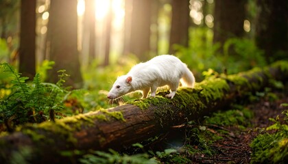 White Animal Walking on a Mossy Log in a Forest with Sunlight