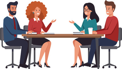 Business meeting illustration of diverse office colleagues sitting at table discussing teamwork, collaboration, ideas, and planning.