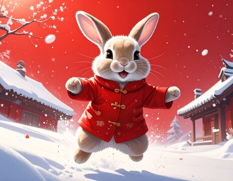 A joyful, animated rabbit in a vibrant red jacket leaps across a snowy landscape, set against a backdrop of a traditional Asian village.