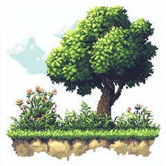Pixelated Tree and Landscape, Pixel Art Plants and Flowers Video Game Asset, 8bit 16bit Retro Gaming Nature
