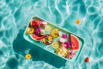 Floating Pool Tray with Tropical Cocktails and Summer Treats