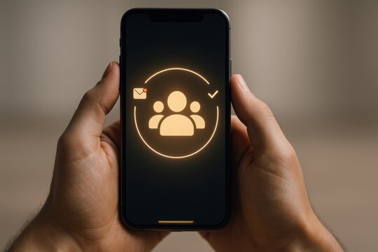 Phone with glowing group and email notification icons for digital teamwork communication 
 - Powered by Adobe