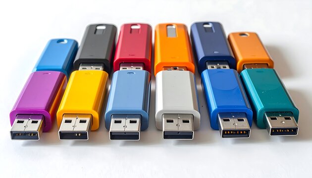 Colorful USB flash drives arranged in rows, showcasing a variety of vibrant hues against a plain white background.