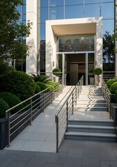 Modern Building Entrance with Accessible Ramp.