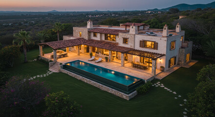 Luxury Villa With Infinity Pool and Outdoor Living Space at Dusk