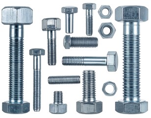Various sizes of bolts and nuts arranged in a grid pattern against a pure white background.