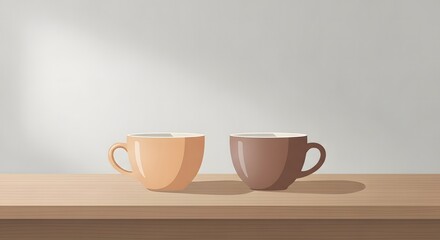 Two coffee cups on wooden table morning sunlight relaxation concept