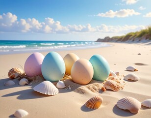 Colorful painted eggs rest on a sunny beach, nestled amongst seashells and soft sand. A vibrant display of pastel hues against a backdrop of a serene ocean.