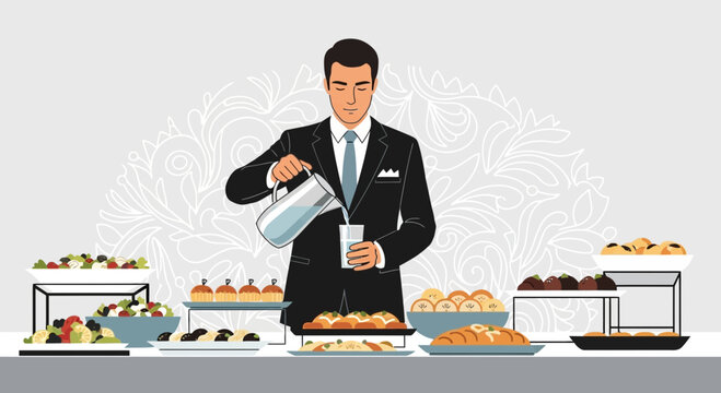 Attentive Server Pours Drink During Catering Event With Various Food Selections