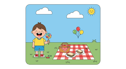 Obraz premium Adorable Kid Enjoying Picnic with Lollipop and Balloons under a Sunny Sky