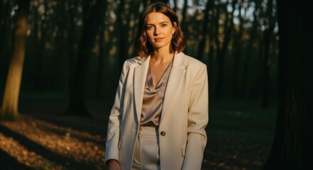 Young caucasian female in elegant outfit standing in sunlit forest