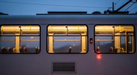 Illuminated train car windows at dusk with warm interior light