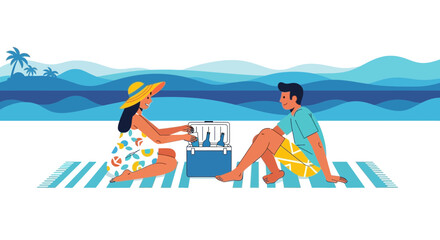 Fototapeta premium Beach Picnic Scene: Couple Enjoying Summer with Drinks and Ocean in the Background