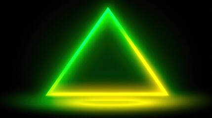 Glowing neon light creates a vibrant green and yellow triangle shape against a dark background, with an illuminated floor reflection adding depth and highlighting the geometric design.