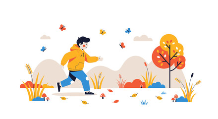 An illustration of a person running in a park with butterflies and autumn elements