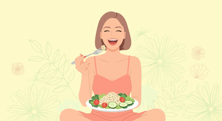 Blissful Moment: Woman Revels In Delicious And Nutritious Meal Delightful Plate