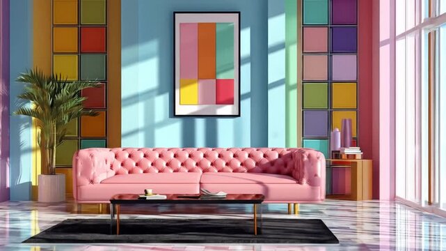Vibrant, colorful living room with a modern, bold aesthetic.