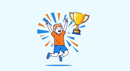 Fototapeta premium Boy Celebrates Victory with Trophy After Achieving Success, Joyful Achievement Illustrated