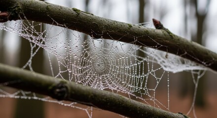 Dew-covered spider web on tree branches in misty forest