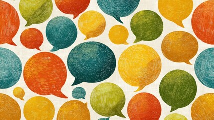 Colorful, hand-drawn speech bubbles in various sizes and vibrant shades of yellow, orange, green, and teal are scattered across a cream-colored background, creating a textured and visually appealing
