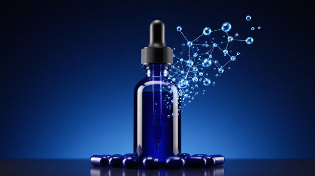 advanced dropper bottle filled with vibrant blue liquid, displaying molecular structures in a futuristic setting | pharmaceutical, health, science, technology, research theme