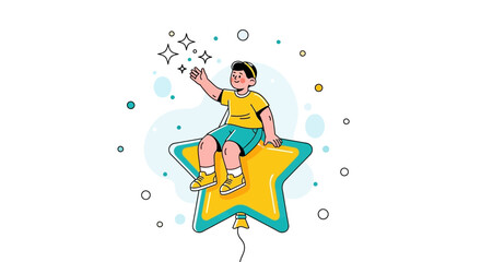 Boy on a star balloon reaching for stars in cartoon design representing achievement