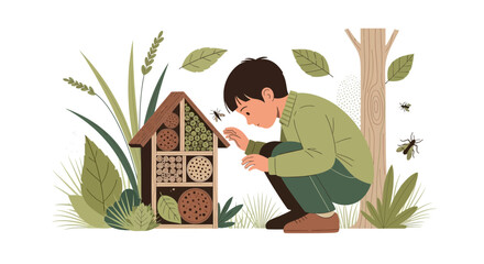 Boy Observing Insects at a Bug Hotel, Cute Cartoon Illustration, Nature Study